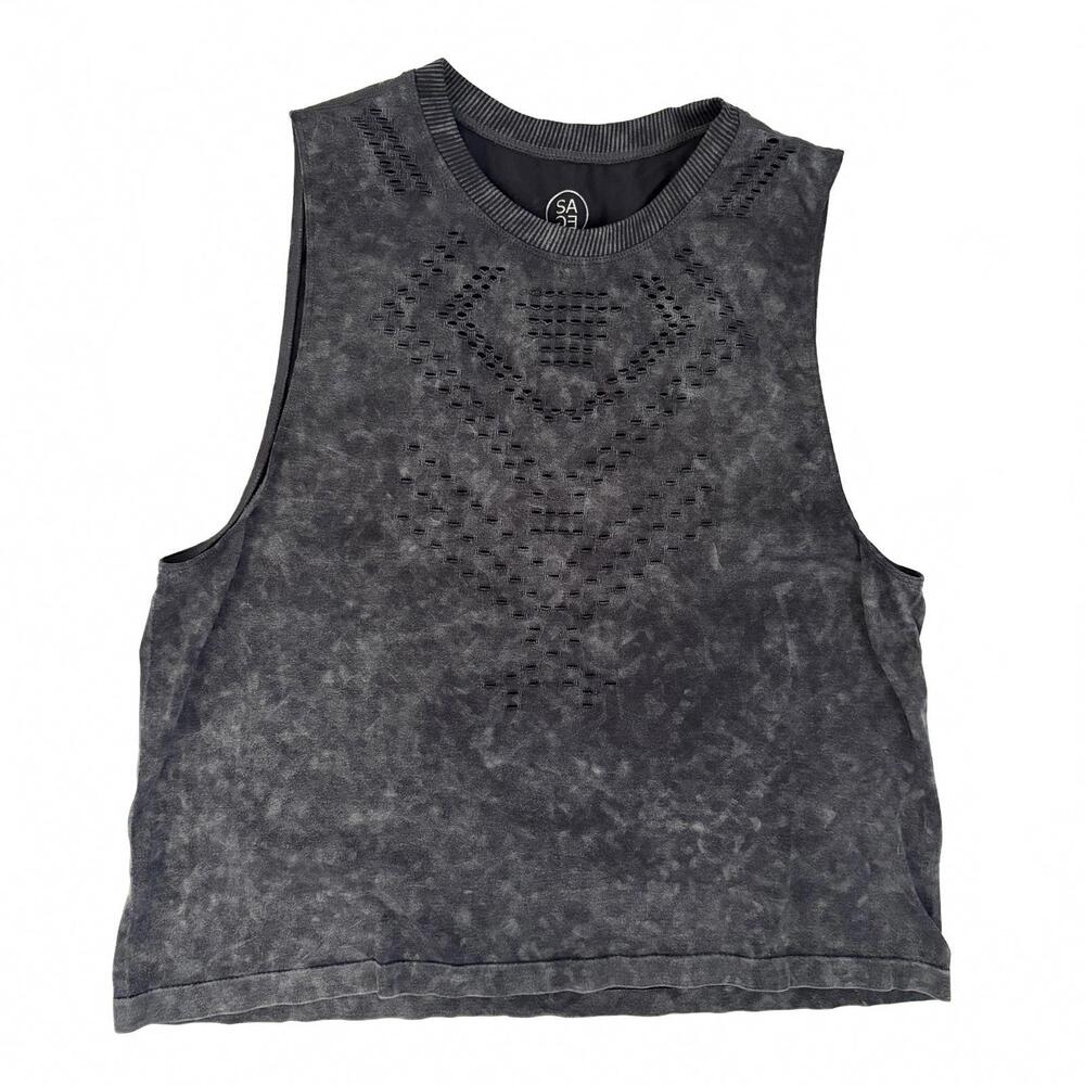 Sage Collective | Black Gray Distressed Perforated Laser Cut Cropped Tank Top S
